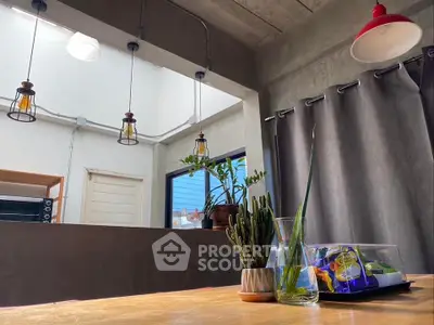 Modern industrial kitchen with stylish lighting and indoor plants