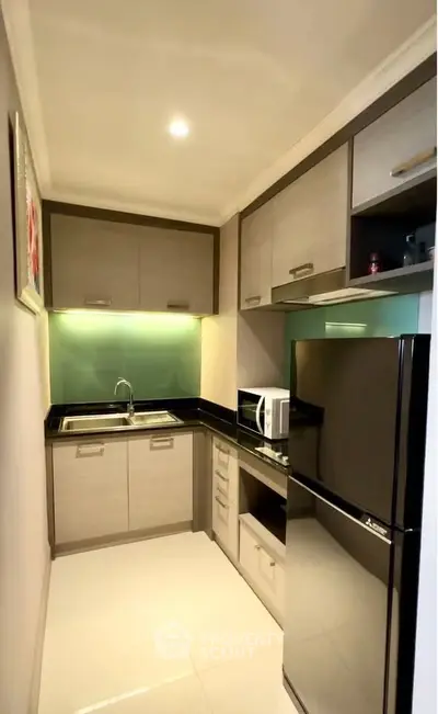 Modern compact kitchen with sleek cabinetry and appliances in a cozy apartment.