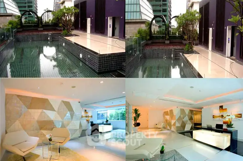 Luxurious condo with rooftop pool and modern lobby in prime location.