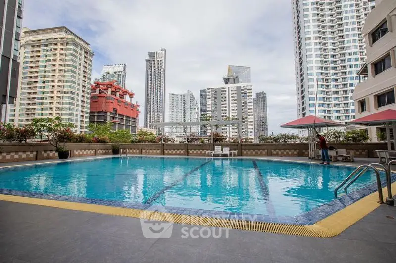 Luxurious high-rise apartment with stunning pool and cityscape views, perfect for urban living.
