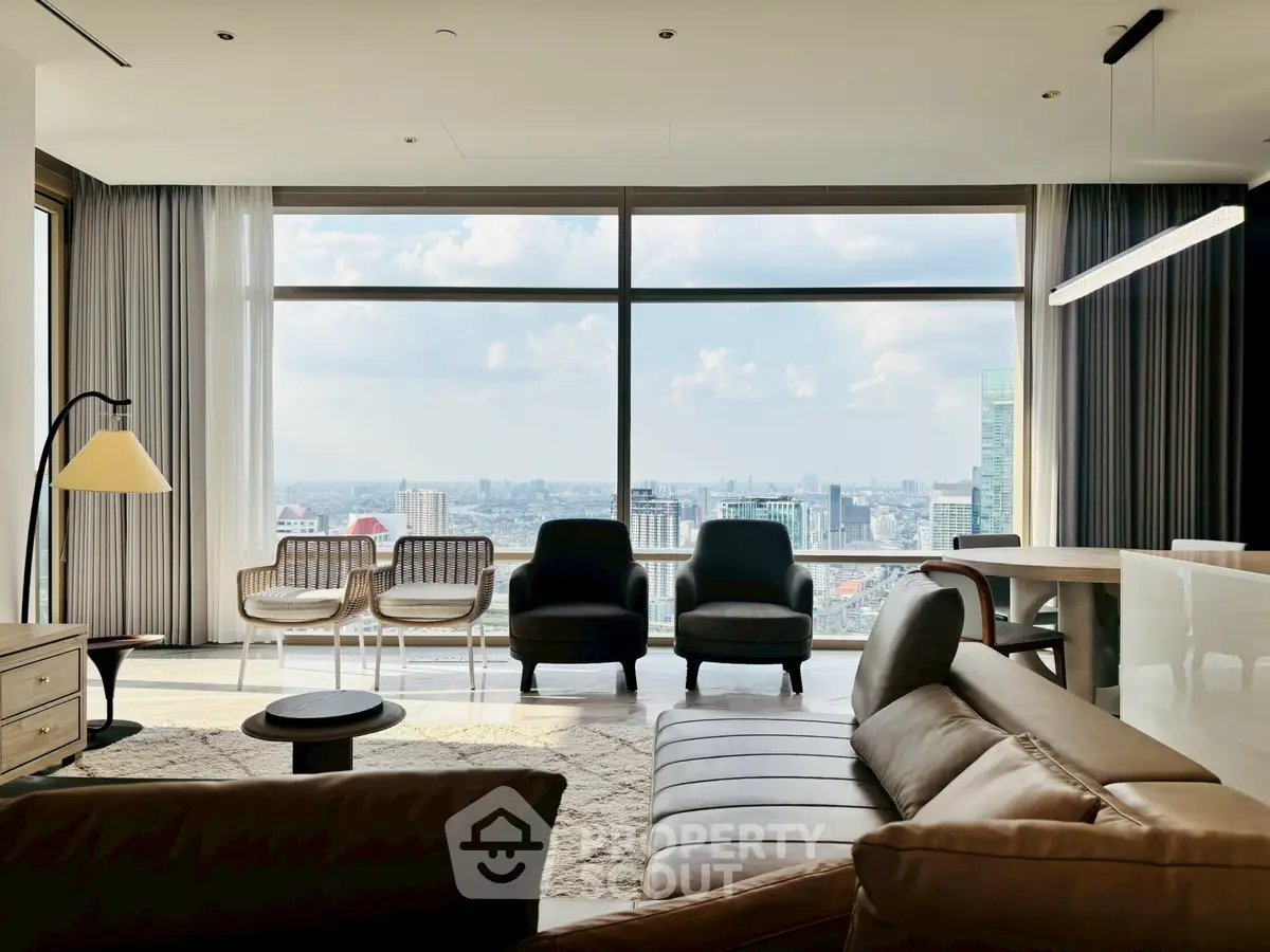 Luxurious living room with panoramic city view, modern furniture, and abundant natural light.