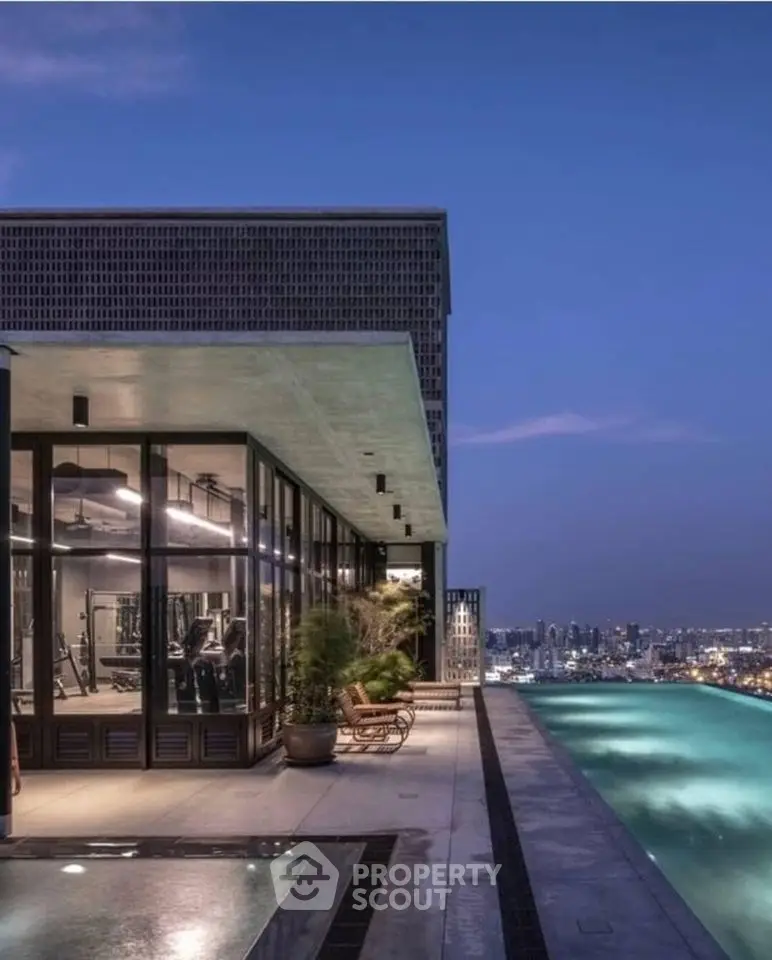 Luxurious rooftop with infinity pool and stunning city skyline view at dusk.