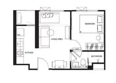 Modern apartment floor plan with kitchen, living area, bedroom, and bathroom layout.