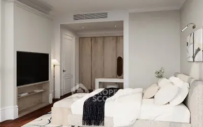 Luxurious bedroom with modern decor and cozy ambiance