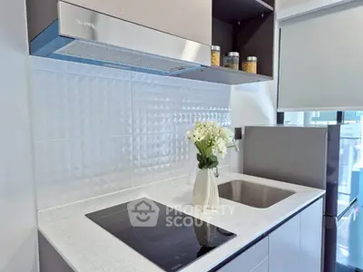 Modern kitchen with sleek design, featuring induction cooktop and elegant backsplash.