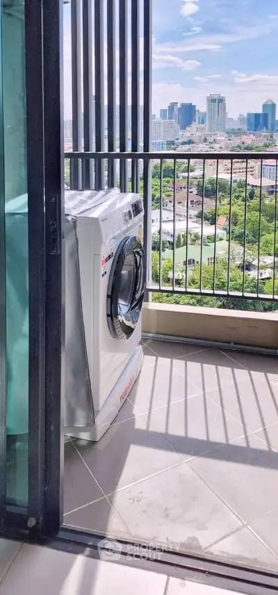 Modern balcony with washing machine and stunning city view