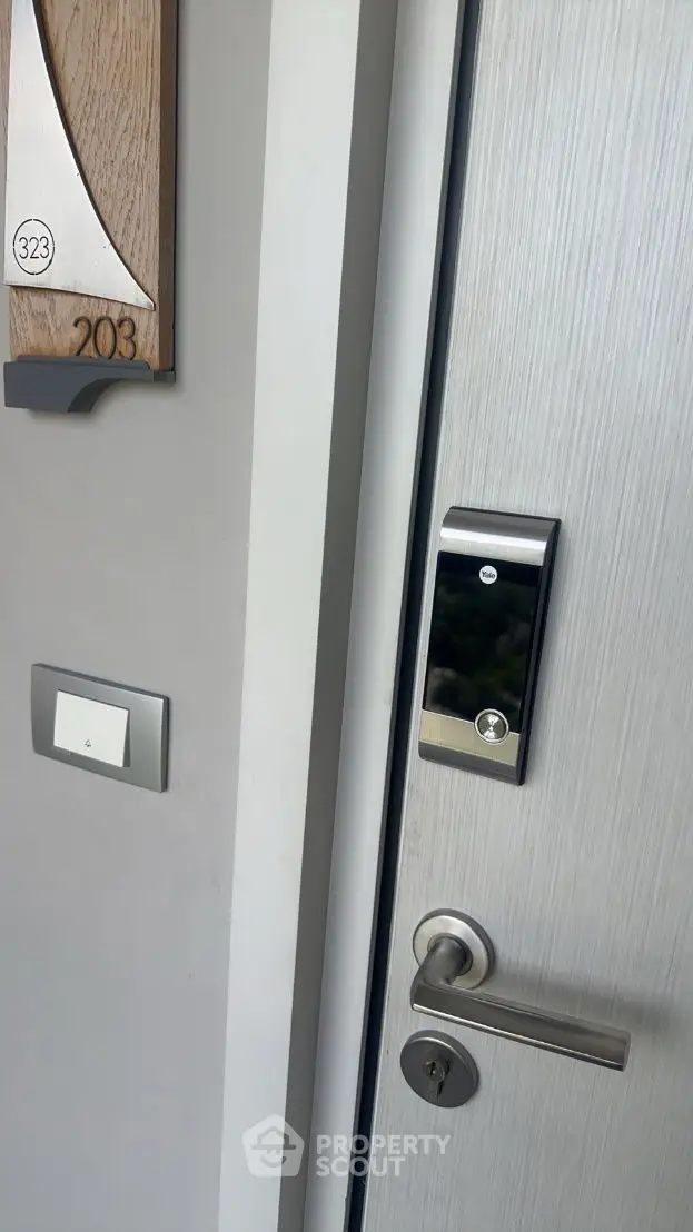 Modern apartment entrance with electronic lock and stylish door handle.