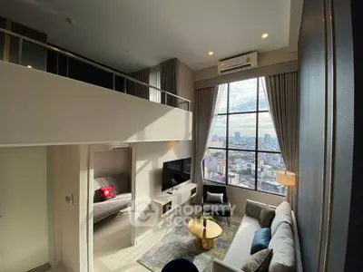 Modern loft apartment with large windows and city view, featuring stylish living area and mezzanine bedroom.