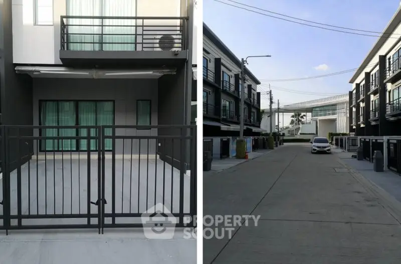 Modern townhouse exterior with gated entrance and street view