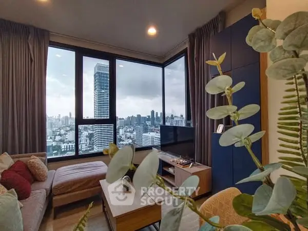 Modern living room with panoramic city view and stylish decor