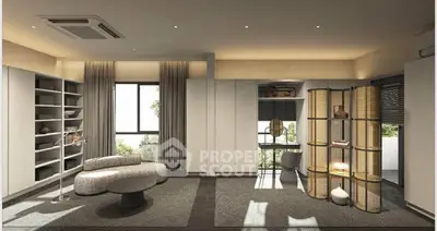 Spacious modern living room with stylish furniture and large windows