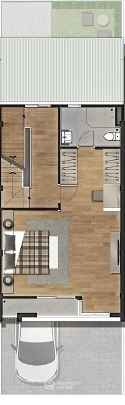 Modern floor plan with bedroom, bathroom, and garage layout.