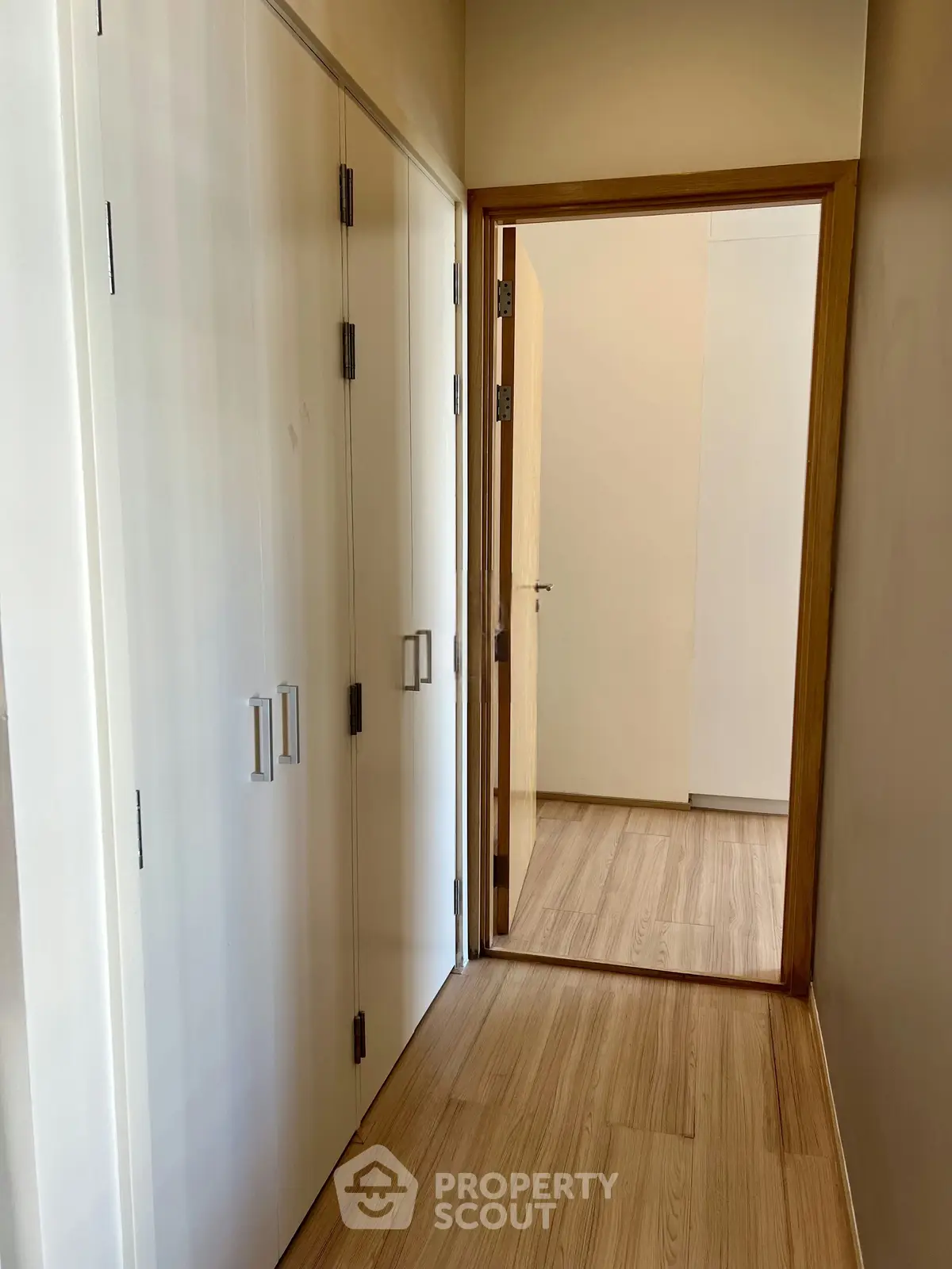 Spacious hallway with wooden flooring and built-in storage closets