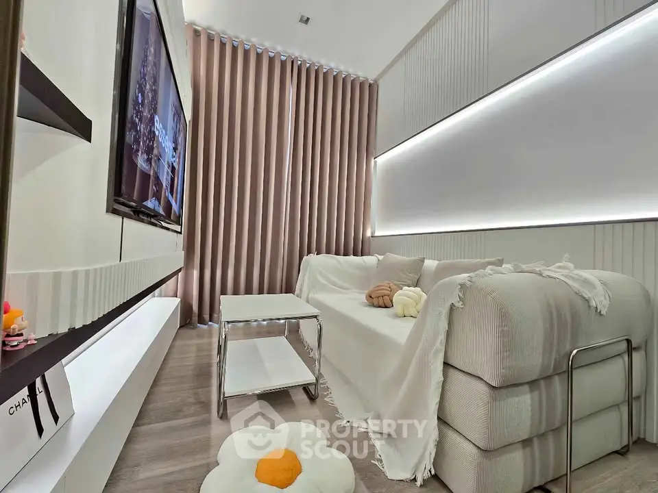 Modern living room with stylish decor and cozy seating area