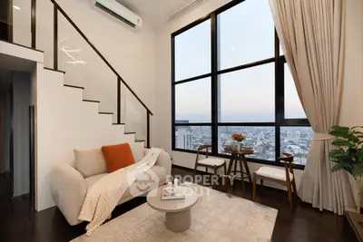 Modern duplex living room with city view and elegant decor