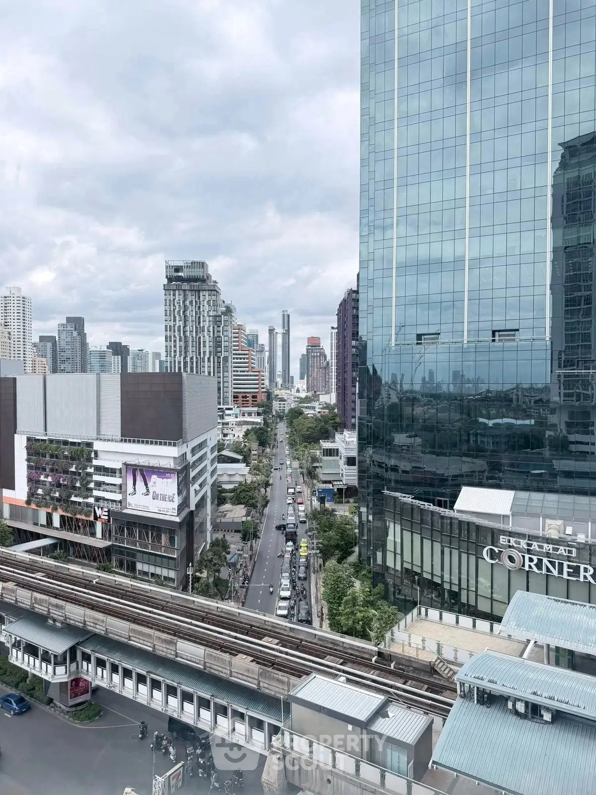 Stunning cityscape view from high-rise building showcasing urban skyline and bustling streets.