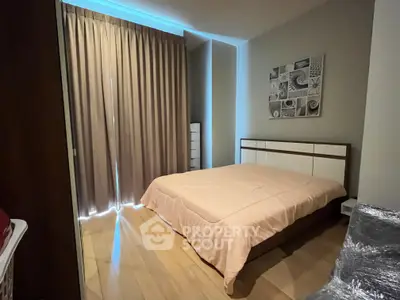 Cozy bedroom with modern decor and soft lighting, featuring a comfortable bed and stylish wall art.