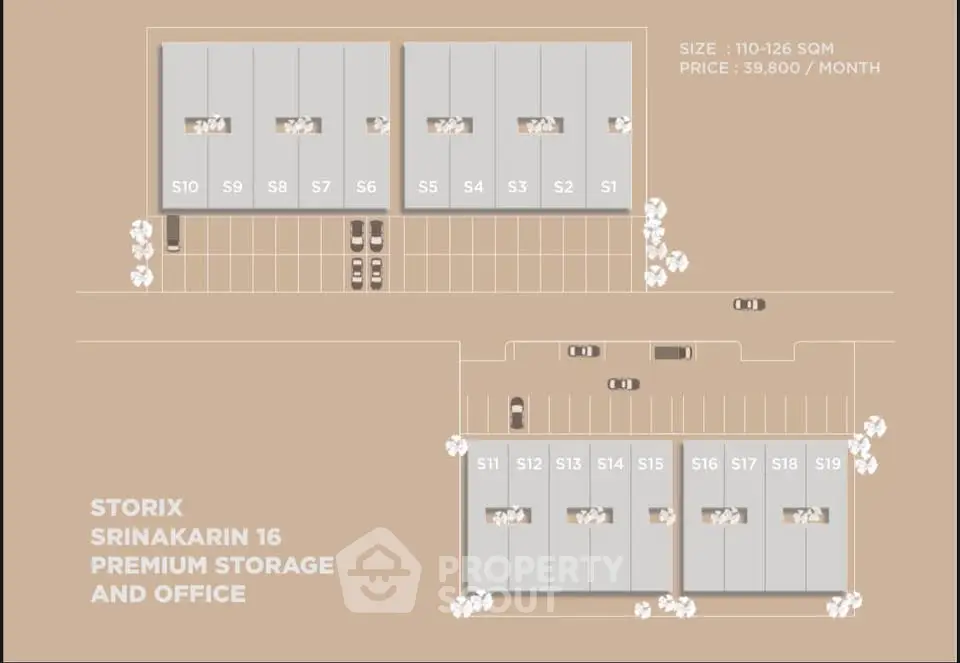 Premium storage and office layout with parking at Srinakarin 16, showcasing modern design and accessibility.