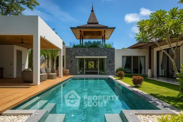 Luxurious villa with private pool and tropical garden, showcasing modern architecture and serene outdoor living space.