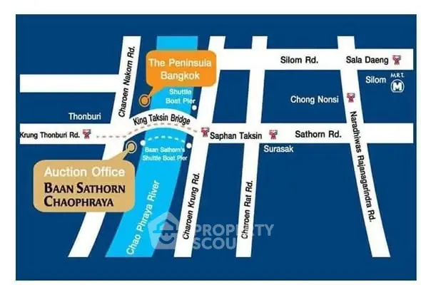 Map showing location of Baan Sathorn Chaophraya near Chao Phraya River and King Taksin Bridge.