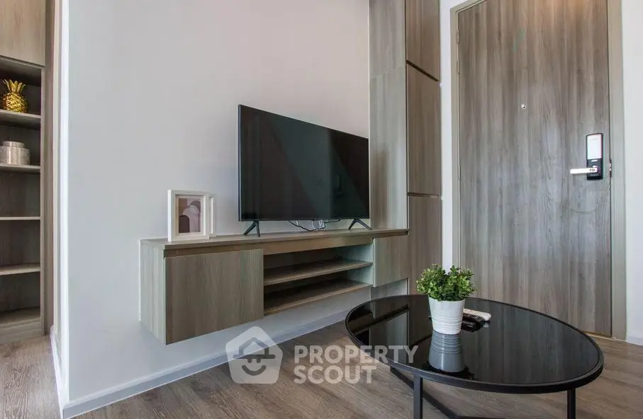 Modern living room with sleek TV stand and stylish decor