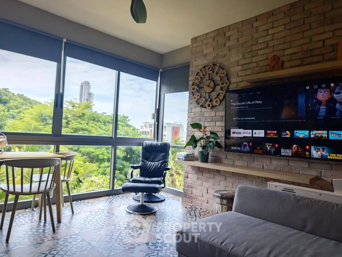 Stylish living room with scenic view and modern decor