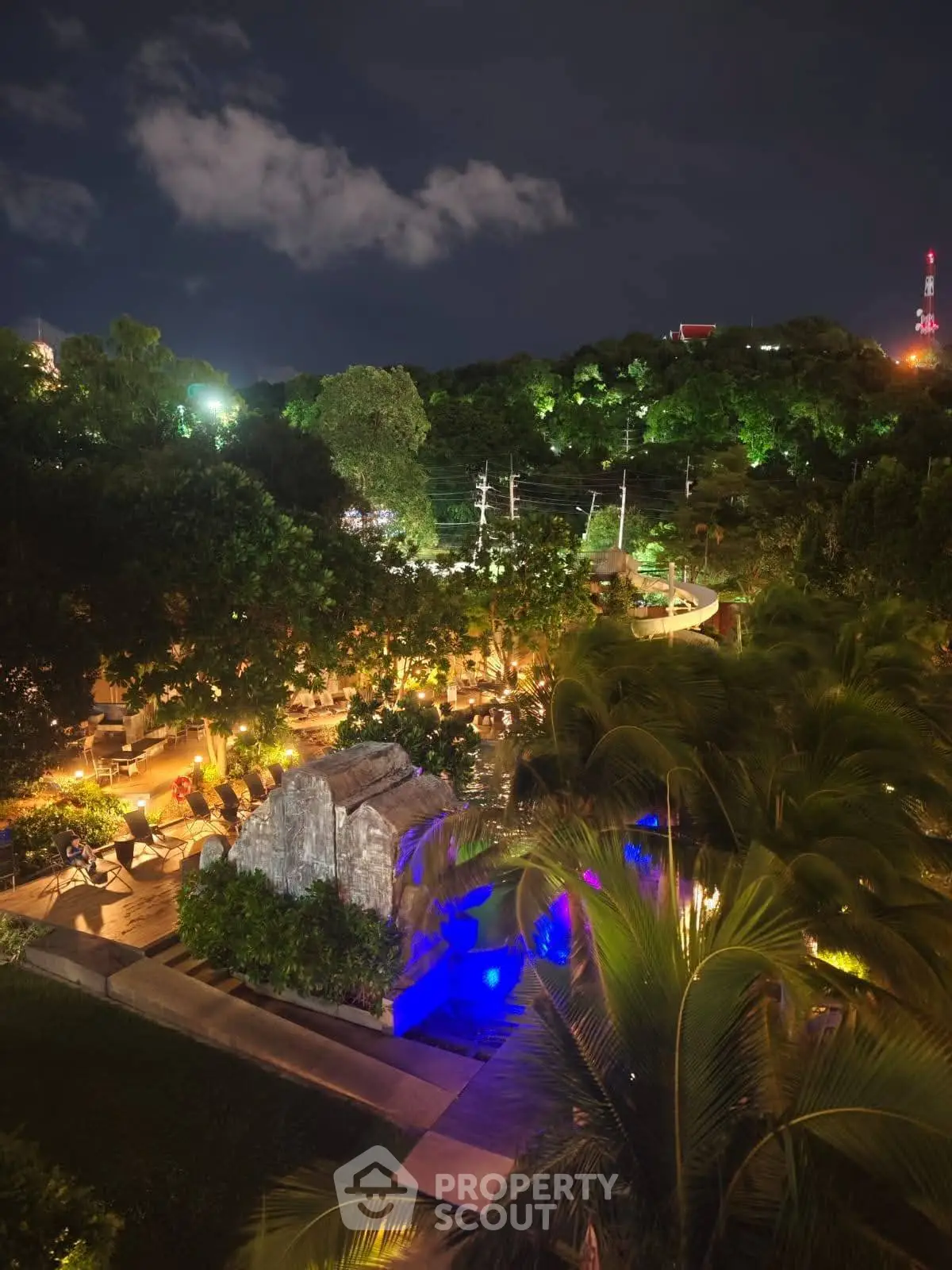 Stunning night view of a lush garden with ambient lighting and tropical foliage.