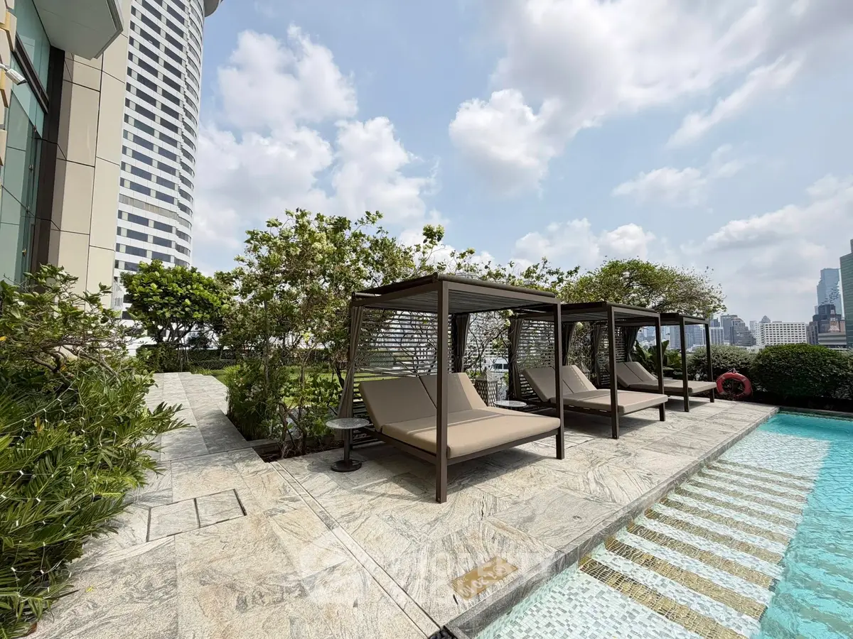 Luxurious rooftop pool area with stylish cabanas and city skyline view