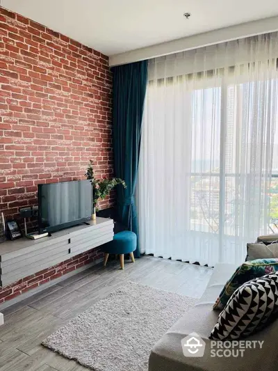 Chic living room with brick accent wall and large window view