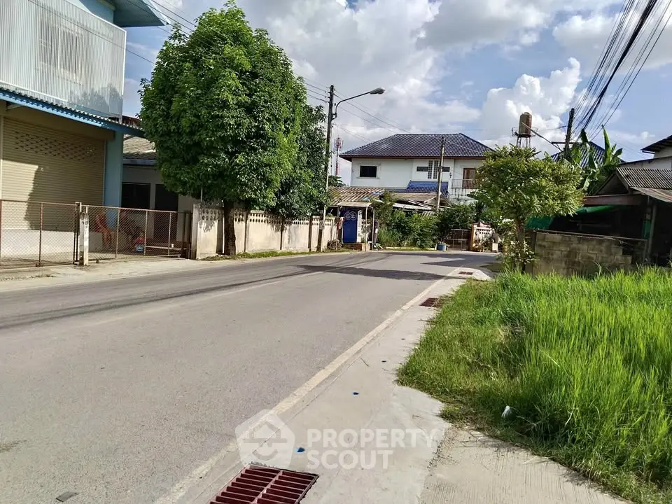 Charming suburban street view with lush greenery and residential homes under a clear blue sky.