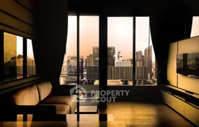 Luxurious living room with stunning city skyline view through large windows, modern decor and cozy ambiance.