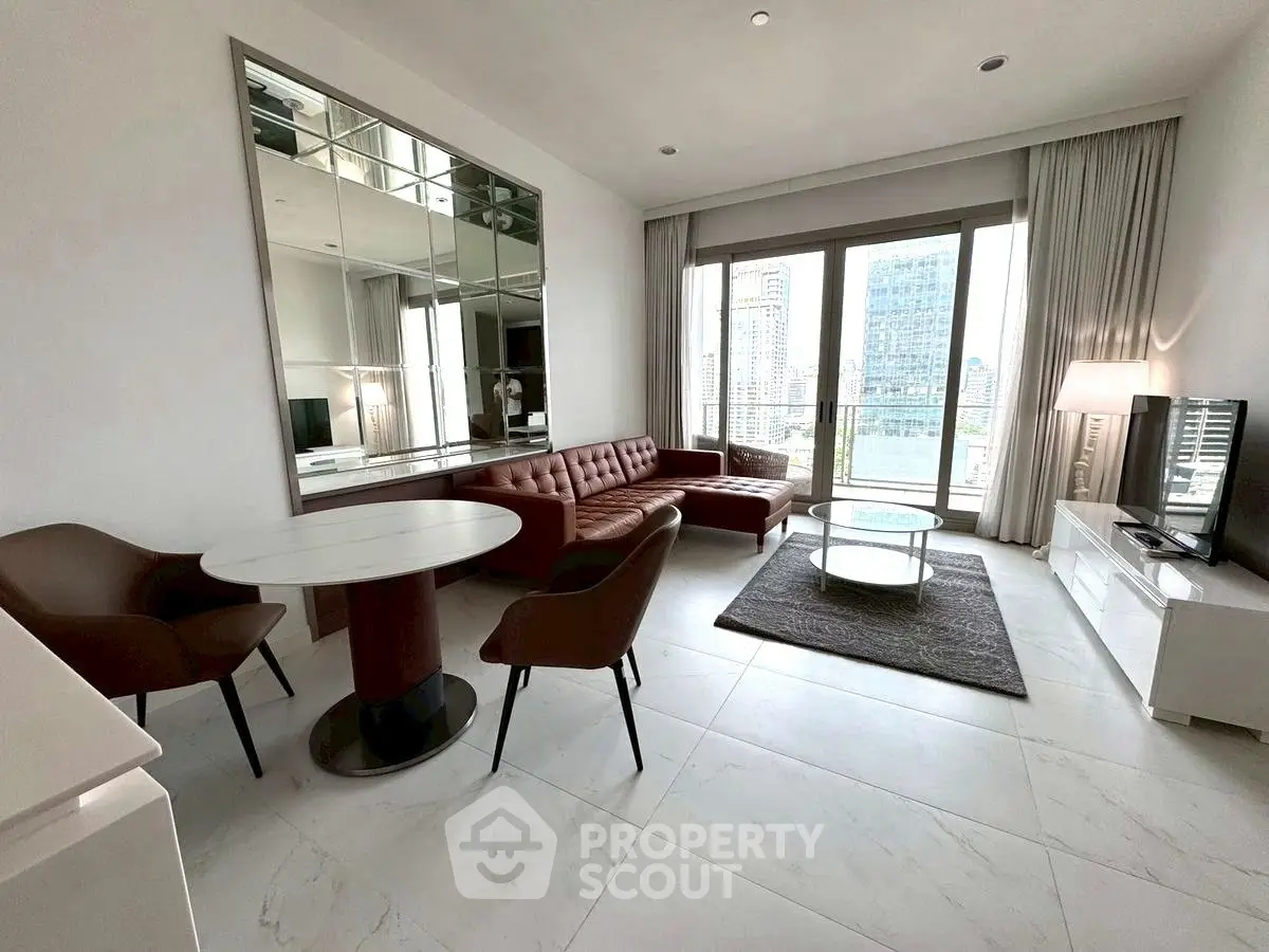 Modern living room with city view, stylish furniture, and large windows.