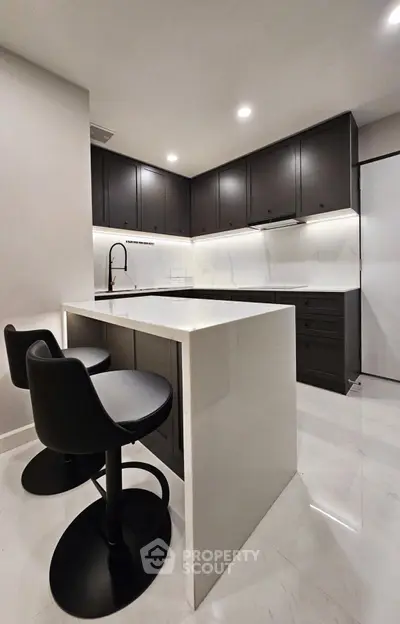 Modern kitchen with sleek black cabinets and white marble countertops