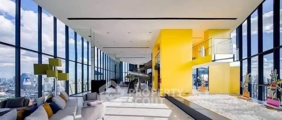 Luxurious penthouse with floor-to-ceiling windows and stunning city views, featuring modern interior design and vibrant colors.