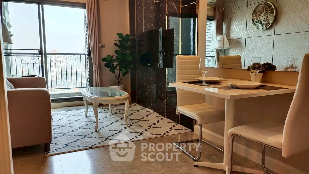 Chic modern living room with balcony view and elegant dining area