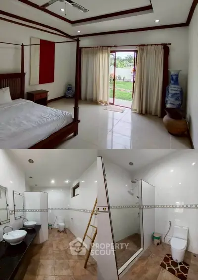 Spacious bedroom with garden view and modern bathroom in elegant home