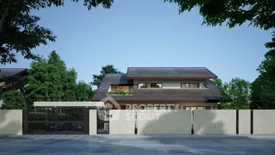 Modern two-story house with lush greenery and spacious driveway