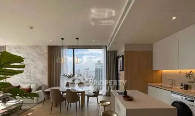 Luxurious open-plan living and dining area with city view, modern kitchen, and elegant decor.
