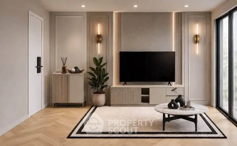 Modern living room with stylish decor, large TV, and elegant lighting, perfect for relaxation and entertainment.