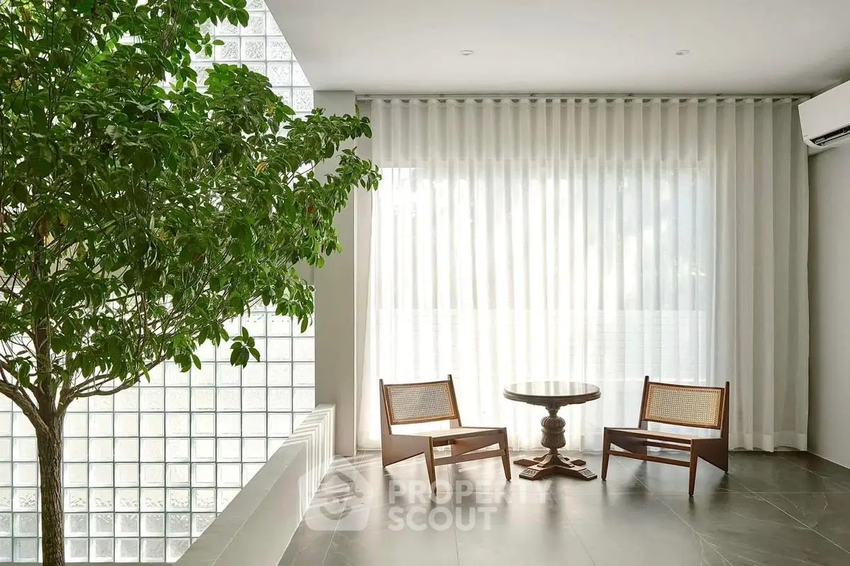 Elegant minimalist living room with large window and indoor plant