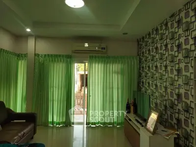 Stylish living room with modern decor and vibrant green curtains