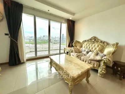 Luxurious living room with ornate furniture and stunning city view through large windows.