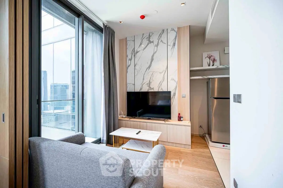 Modern living room with city view, featuring sleek design and natural light, perfect for urban living.