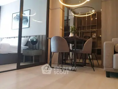 Modern apartment interior with stylish dining area and cozy bedroom