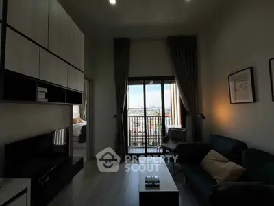 Modern living room with balcony view and stylish interior design