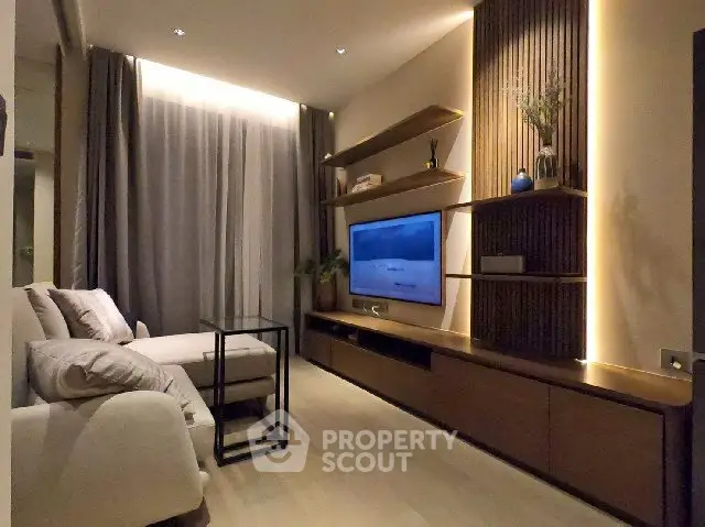 Modern living room with stylish shelving and cozy seating area