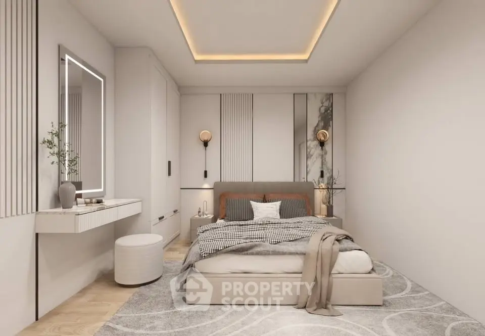Luxurious modern bedroom with elegant decor and ambient lighting
