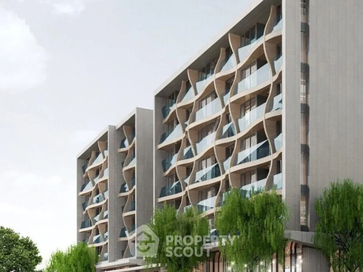 Modern architectural building with unique facade and lush greenery