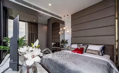 Luxurious modern bedroom with elegant decor and large windows