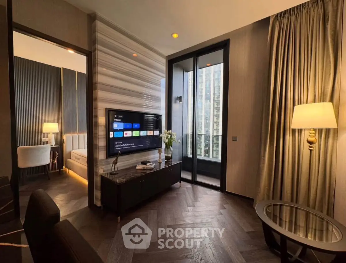 Luxurious modern living room with elegant decor and city view balcony